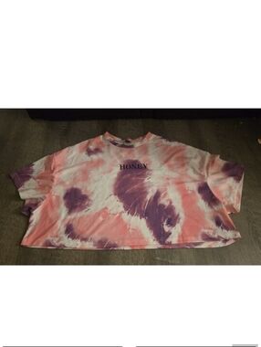 Shein Crop Top Womens S Pink Purple Tie Dye Graphic Honey Print Short Sleeve